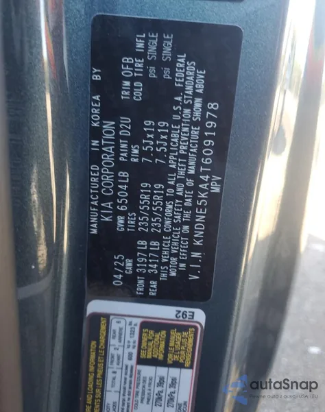 2026 Kia Carnival Sx from USA, damaged, VIN KNDNE5KA4T6091978